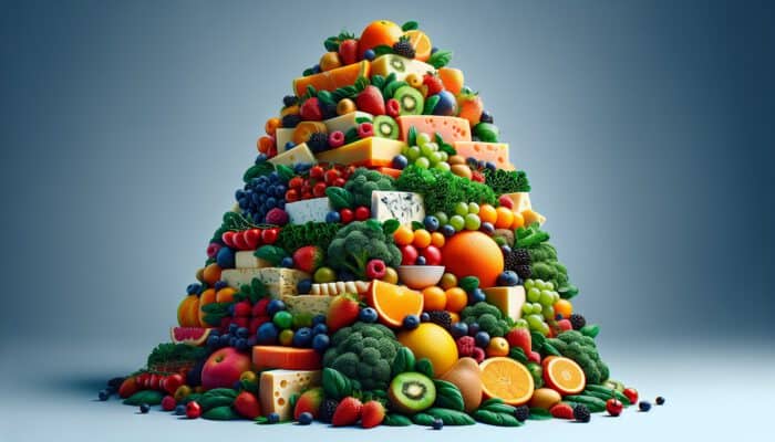 How to Stack Food for Stunning Photos: A stacked arrangement of vibrant fruits, greens, and cheeses, balanced for height and depth, creating an engaging social media-ready photograph.