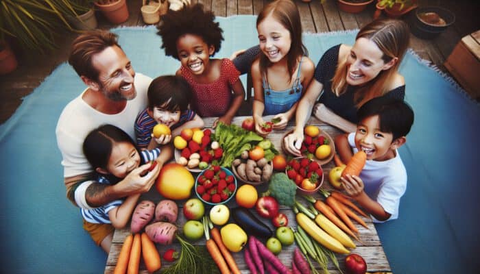 How to Cook Balanced Meals for Kids: A vibrant Australian family table with seasonal produce like mangoes, strawberries, carrots, and sweet potatoes, as children sample the variety.