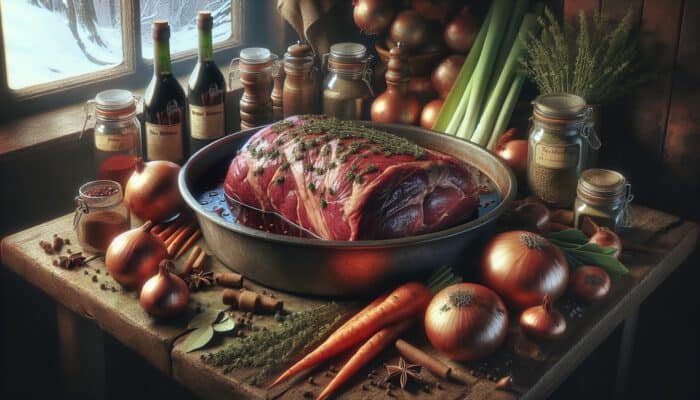A marbled beef roast marinating in red wine and vinegar, with onions, carrots, celery, and spices on a wooden table.