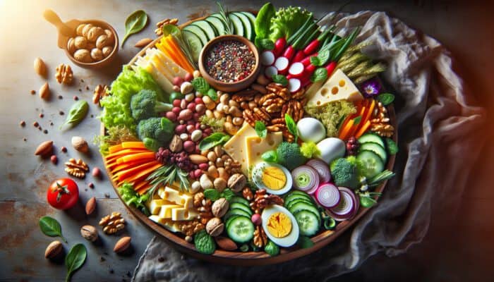 A vibrant platter of fresh low-carb snacks: nuts, cheese, crisp vegetables, boiled eggs, with greens and herbs in soft natural light.