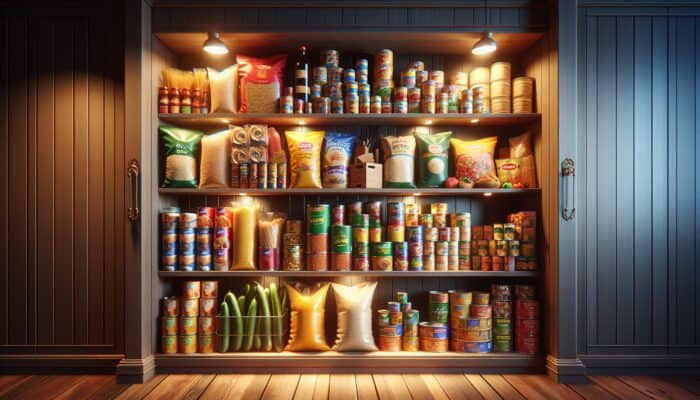 Neatly arranged pantry shelves with colorful rice bags, pasta, shiny bean cans, vibrant frozen veggies, and pre-cooked proteins under warm lighting.