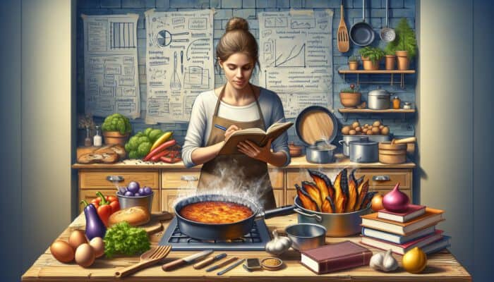 A determined beginner cook in a cluttered kitchen examines a burnt dish while noting in a journal, surrounded by ingredients and cookbooks.