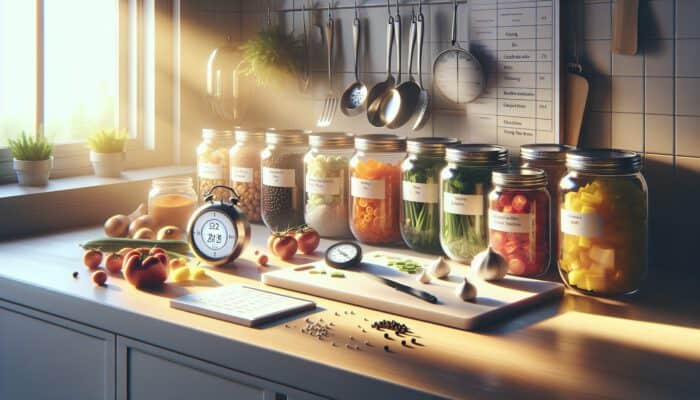 Well-organized kitchen counter with fresh ingredients in labeled jars, chopped vegetables on a cutting board, ticking timer, and recipe list in warm light.