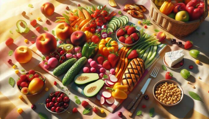 Best Spring Picnic Recipes to Pack: A vibrant picnic blanket with fresh strawberries, cherries, peaches, crisp vegetables, grilled chicken, and feta in golden sunlight.
