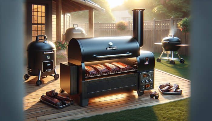 A Masterbuilt electric smoker in a sunny backyard, with glowing digital panel smoking ribs, and nearby charcoal and pellet smokers.