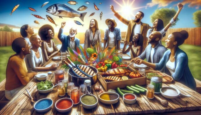 Top Labour Day Cookout Recipes: A vibrant outdoor cookout scene with a rustic table of grilled proteins, fresh vegetables, seasonings, and diverse guests under a sunny sky.