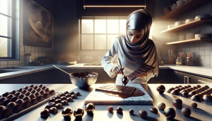 How to Temper Chocolate for Desserts: A chocolatier tempers rich dark chocolate on a marble slab in a sunlit kitchen, creating glossy truffles and elegant desserts.