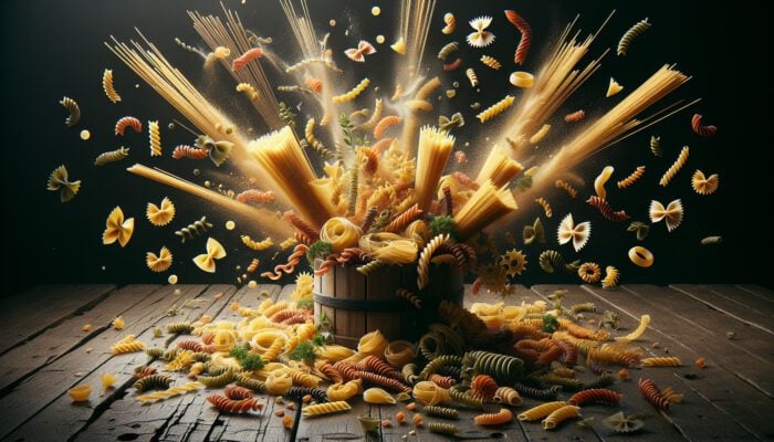 How to Boil Pasta Without Ruining It: Italian pasta varieties on a rustic wooden table: spaghetti coils, penne tubes, fusilli spirals, farfalle bows, and linguine strands with fresh herbs.