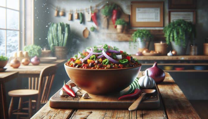 Best Vegan Chilli Recipes for Winter: A steaming bowl of vibrant vegan chili with onions, garlic, bell peppers, and greens on a rustic wooden table in a cozy kitchen.