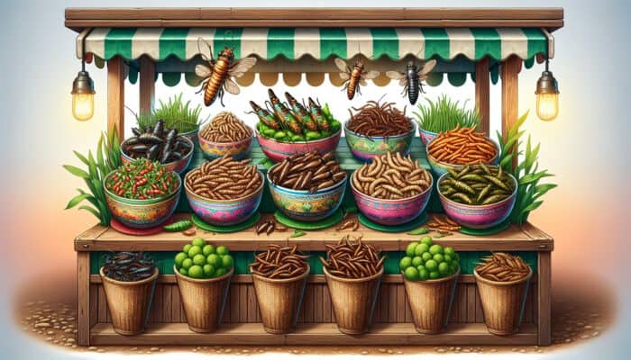 Best Recipes for Insect-Based Protein: A vibrant market stall displays bowls of edible insects like crickets, mealworms, grasshoppers, and silkworms, with nutritional labels and fresh greens.