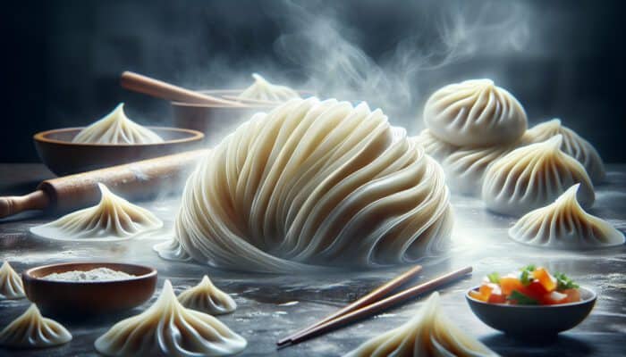 Best Chinese Dumpling Recipes to Try: Close-up of translucent, elastic dumpling wrappers being kneaded and folded around savory fillings in a steamy kitchen.