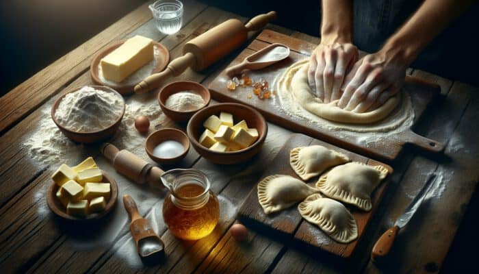 Top Chilean Empanada Recipes For Baking: Rustic wooden table with empanada dough ingredients: flour, butter, water, salt, and hands kneading flaky dough in warm light.