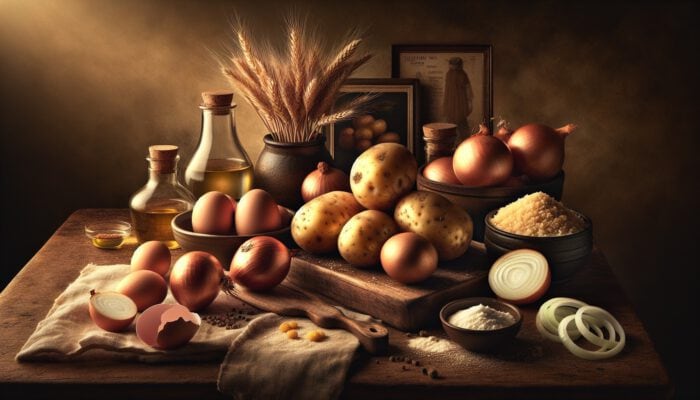 How to Make a Hanukkah Latke Spread: A rustic still life of fresh Russet and Yukon Gold potatoes, sliced onions, cracked eggs, sweet potatoes, and gluten-free breadcrumbs on a wooden board with golden lighting.