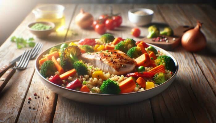 How to Cook for a Flexitarian Lifestyle: A vibrant plate of fluffy quinoa, roasted carrots, broccoli, bell peppers, and grilled chicken on a rustic wooden table in soft natural light.