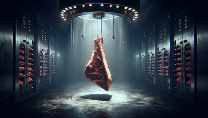 Best Methods for Dry-Aging Beef: A prime beef cut hangs in a dimly lit, humidity-controlled chamber with gentle airflow, enhancing its texture and flavors over weeks.