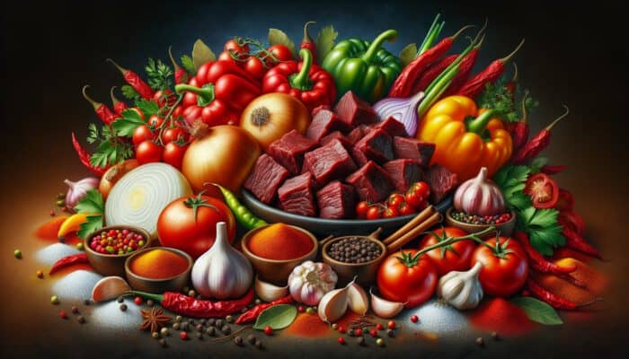 How to Cook a Rich Hungarian Goulash: A vibrant still life of fresh ingredients for Hungarian goulash: beef chunks, onions, bell peppers, garlic, tomatoes, and spices.