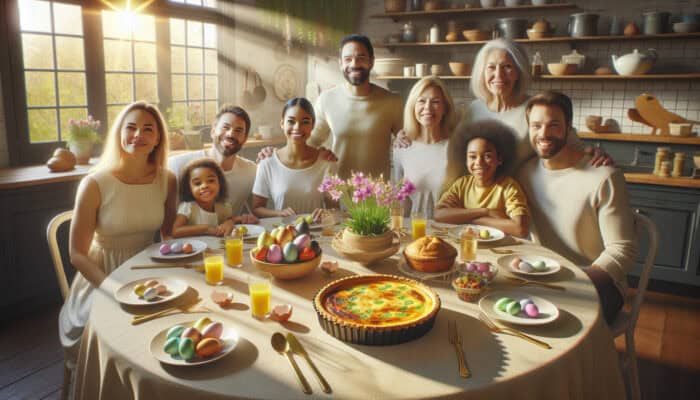 Top Easter Brunch Recipes for Families: A joyful family discusses Easter recipes around a sunlit table with quiche, fruit salad, colorful eggs, and flowers.