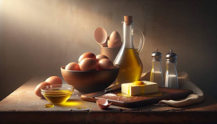 How to Cook Eggs in Five Easy Ways: Rustic kitchen counter with fresh eggs, olive oil, butter, salt, and pepper shakers in warm morning light.