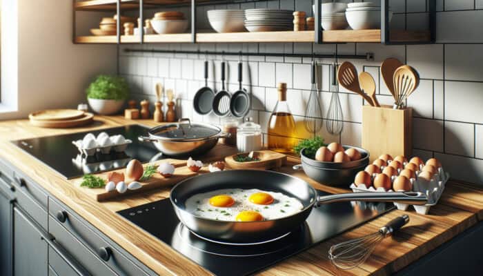 A modern kitchen optimized for egg preparation, featuring a sizzling pan of sunny-side-up eggs, fresh herbs, organized tools, and sunlit counters.
