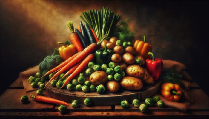 Fresh vegetables for roasting: carrots, potatoes, Brussels sprouts, and bell peppers arranged on a wooden board under golden light.