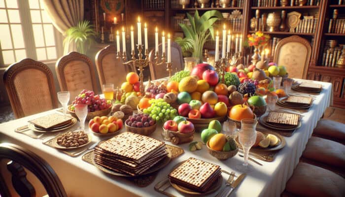 How to Cook a Passover-Friendly Meal: A vibrant Passover table with matzah, assorted nuts, and colorful fruits, lit by warm candlelight, symbolizing global traditions.