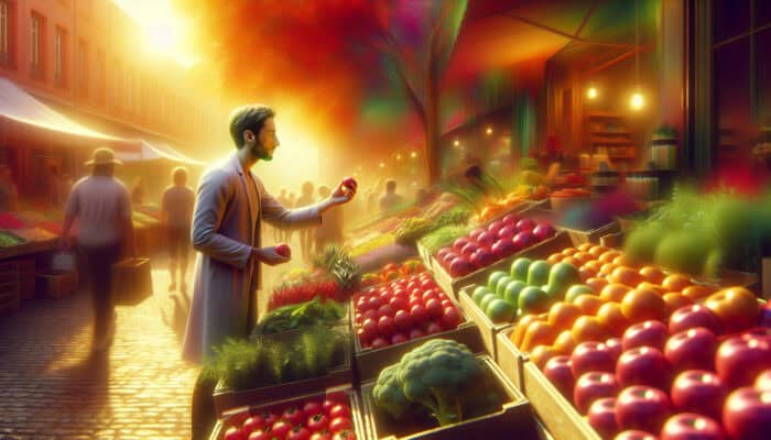 Vibrant farmer's market scene: shopper checking red apples, sniffing herbs, and inspecting greens under golden sunlight.