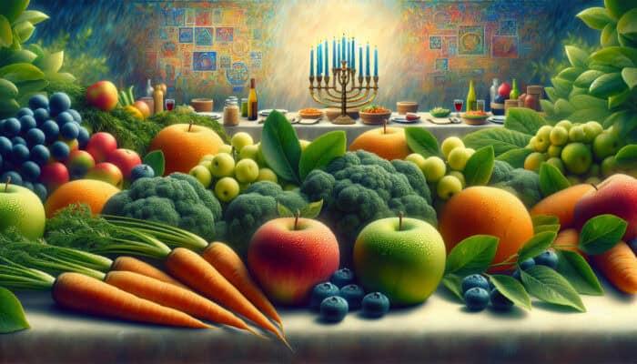 A vibrant farmer's market display of fresh organic fruits and vegetables, with a Passover Seder table in the background, symbolizing health and sustainability.