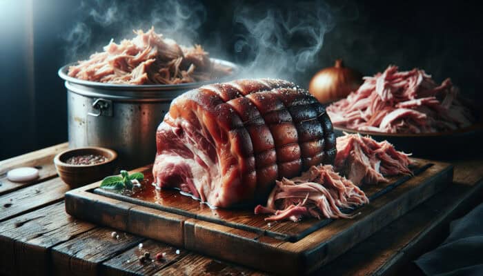 How to Cook Tender Pulled Pork at Home: Close-up of marbled pork shoulder and Boston butt roasting in a smoker, with steam rising and tender shredded meat.