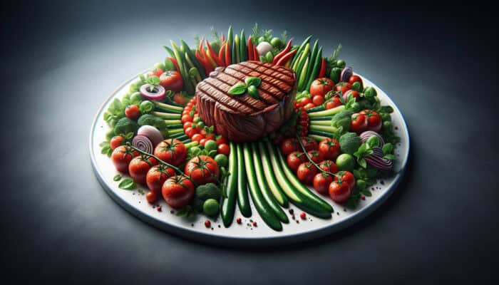 A succulent steak centered on a white plate, layered with vibrant red and green vegetables for depth and balance, creating an inviting focal point.