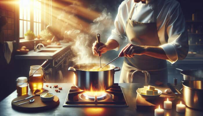 A professional chef simmers rich butter on a stove, skimming impurities to create golden clarified butter in a sunlit kitchen.