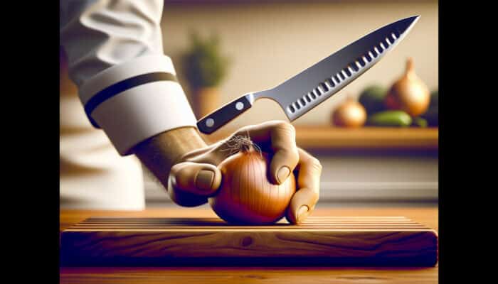 Chef's hand in claw grip securely holds onion on wooden board, with sharp knife poised for safe, precise slicing in bright kitchen.