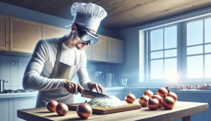 A chef in a bright kitchen wears onion goggles while chopping chilled onions with a sharp knife near an open window.