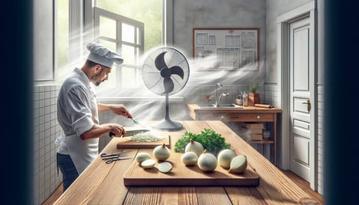 Sunny kitchen scene: chef chopping onions on a wooden board, fan dispersing fumes, open window with fresh air entering.