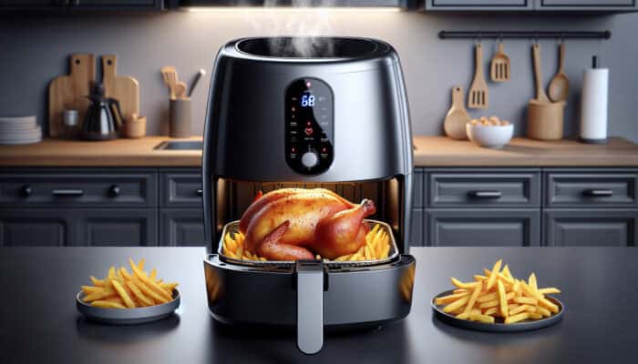 Sleek 1800-watt air fryer with 5.8-quart capacity, showing crispy whole chicken and fries with rising steam on a kitchen counter.