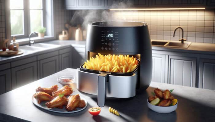 Sleek air fryer on kitchen counter with golden-brown fries, chicken wings, and roasted vegetables inside, steam rising in warm lighting.