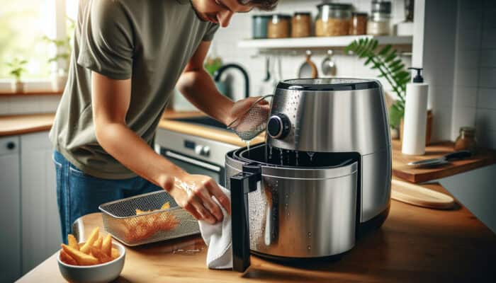 A person in a bright kitchen cleans a shiny air fryer basket and tray with soapy water, inspecting the heating element and fan for blockages.