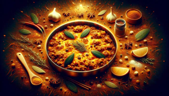 Vibrant South African bobotie dish with golden beef and lamb, spiced with curry, turmeric, and bay leaves, baked and garnished with herbs.