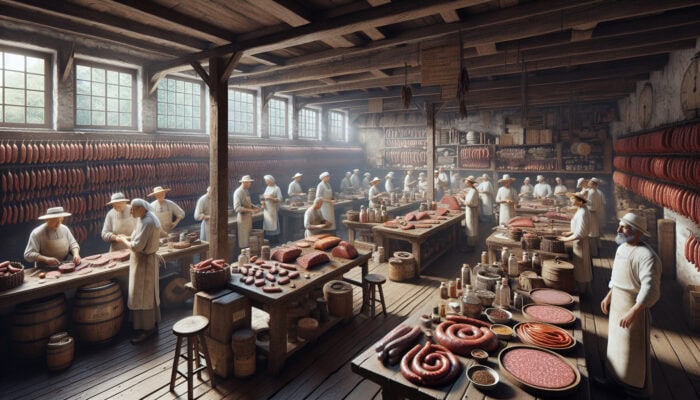 In a rustic ancient workshop, artisans preserve meat by salting, smoking, and fermenting, creating Spanish chorizo and Italian sausages amid herbs and tools.