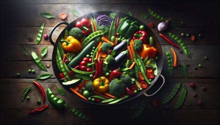 Vibrant stir-fry vegetables: colorful bell peppers, crisp broccoli, tender snow peas, sliced carrots, glossy zucchini, and purple eggplant in a steaming wok.