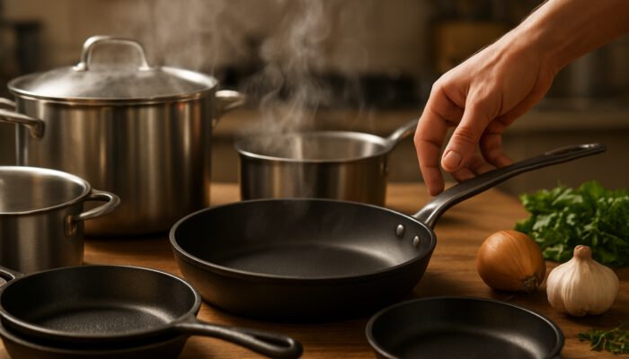 Busy kitchen counter with stainless steel pots, cast iron skillets, and a hand selecting non-stick pan.
