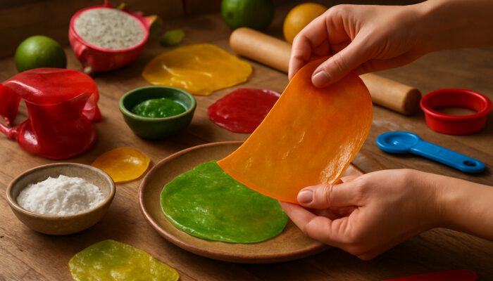Make Edible Packaging at Home: Hands shaping translucent edible wrappers from fruits and starches on a wooden kitchen table.