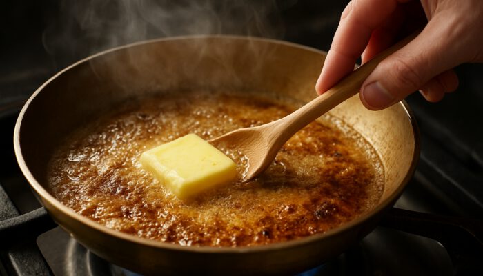 Best Methods For Browning Butter: Butter browning in a golden pan, milk solids caramelizing, steam rising, and hand stirring.