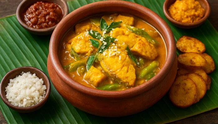 Steaming Sri Lankan fish and vegetable curry in clay pot, garnished with coconut on banana leaf.