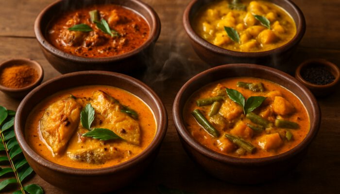 Vibrant Sri Lankan curry spread with steaming coconut fish and vegetable stews on rustic table.