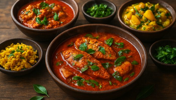 Vibrant Sri Lankan curry feast with steaming fish curry, golden veggies, herbs on rustic table.