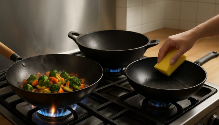 Three woks in a vibrant kitchen: carbon steel over flames, cast iron for even heat, and non-stick for easy cleaning.