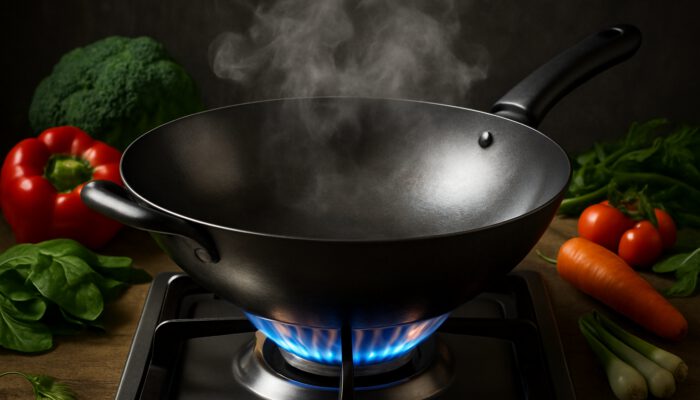 Gleaming carbon steel wok on gas stove with rounded base, ergonomic handles, fresh vegetables, and steam for ideal stir-frying.