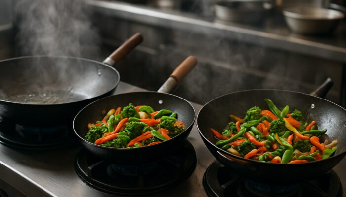 Three woks in a bustling kitchen: large dissipating heat with sparse ingredients, small overcrowded with vegetables, and medium for ideal stir-frying.