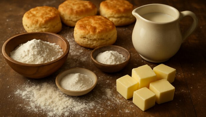 Fluffy Buttermilk Biscuits: Rustic table with flour, butter, baking powder, salt, buttermilk, and golden biscuits in warm light.
