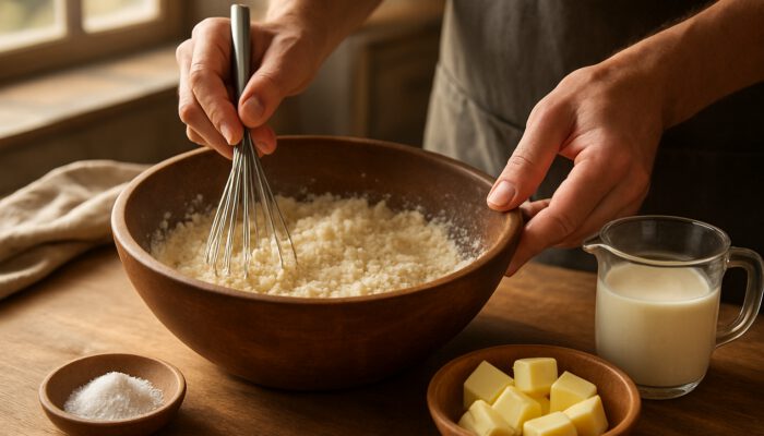 Baker's hands whisking flour, butter, and buttermilk in a sunlit kitchen for fluffy biscuits.